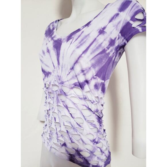 PURPLE WONDER - MEDIUM - White and Purple Tie Dyed Loose Fit V-Neck Top and Cuts - Picture 3 of 6